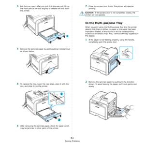 Page 51Solving Problems
7.5
3Pull the tray open. After you pull it all the way out, lift up 
the front part of the tray slightly to release the tray from 
the printer.
4Remove the jammed paper by gently pulling it straight out 
as shown below. 
5To replace the tray, lower the rear edge, align it with the 
slot, and slide it into the printer. 
6After removing the jammed paper, check for paper which 
may be jammed in other parts of the printer.
7Close the access door firmly. The printer will resume 
printing....