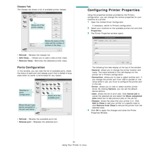 Page 102
Using Your Printer in Linux
31
Classes Tab
The Classes tab shows a list of available printer classes.
•Refresh : Renews the classes list.
•
Add Class... : Allows you to add a new printer class.
•
Remove Class : Removes the selected printer class.
Ports Configuration
In this window, you can view the list of available ports, check 
the status of each port and release a port that is stalled in busy 
state when its owner is terminated for any reason.
•Refresh : Renews the available ports list.
•
Release...