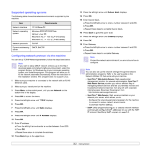 Page 25
3.2   
Supported operating systems
The following table shows the network environments supported by the 
machine: 
Configuring network prot ocol via the machine
You can set up TCP/IP Network parameters, follow the steps listed below. 
Note
If you want to setup DHCP network protocol, go to the http://
developer.apple.com/networking/b onjour/download/, select the 
program Bonjour for Windows d ue to your computer operating 
system, and install the program. This program will allow you to 
fix the network...