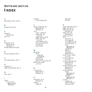 Page 116
43
SOFTWARE SECTION 
INDEX
A
advanced printing, use 18
B
booklet printing 19
C
cancelingscan
 28, 29
Color 15
D
document, printMacintosh
 40
Windows 12
double-sided printing 20
E
Extras properties, set 16
F
favorites settings, use 17
G
Graphics 15
Graphics properties, set 15
H
help, use 17
I
installprinter driverMacintosh
 38
Windows 4
installing Linux software
 30
L
Layout properties, setMacintosh
 40
Windows 13
Linuxdriver, install
 30
paper size, setprint
 35paper source, set 35
paper type, setprint...