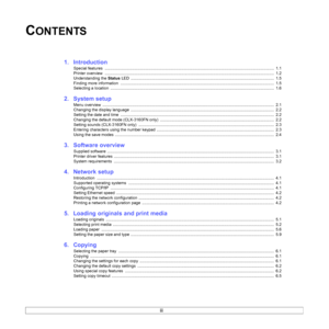 Page 4
iii
CONTENTS
1.  Introduction
Special features  ......................................................................................................................................................  1.1
Printer overview  .............................................................................................................. ........................................  1.2
Understanding the  Status LED...