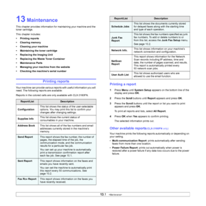 Page 63
13.1   
13 Maintenance
This chapter provides information for maintaining your machine and the 
toner cartridge.
This chapter includes:
• Printing reports
• Clearing memory
• Cleaning your machine
• Maintaining the toner cartridge
• Replacing the Imaging Unit
• Replacing the Waste Toner Container
• Maintenance Parts
• Managing your machine from the website
• Checking the machine’s serial number
Printing reports
Your machine can provide various reports with useful information you will 
need. The following...