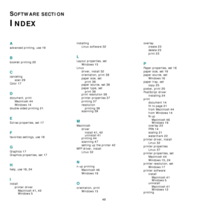 Page 160
48
SOFTWARE SECTION 
INDEX
A
advanced printing, use 19
B
booklet printing 20
C
cancelingscan
 29
Color 17
D
document, printMacintosh
 44
Windows 14
double-sided printing 21
E
Extras properties, set 17
F
favorites settings, use 18
G
Graphics 17
Graphics properties, set 17
H
help, use 18, 24
I
installprinter driverMacintosh
 41, 42
Windows 5
installing Linux software
 32
L
Layout properties, setWindows
 15
Linuxdriver, install
 32
orientation, print 38
paper size, setprint
 38
paper source, set 38
paper...