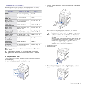 Page 73
Troubleshooting_73
CLEARING PAPER JAMS
When a paper jam occurs, the warning message appears on the display 
screen. Refer to the table below to locate and clear the paper jam.
In the paper feed area 
If paper is jammed in the paper feed ar ea, follow the next steps to release 
the jammed paper. 
1. Using the handle, completely open the front cover.
 
2. Carefully remove the paper by pulli ng in the direction as shown below. 
Go to step 7.
If you cannot find the jammed paper,  or if there is any...