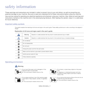 Page 3Safety information_ 1
safety information
These warnings and precautions are included in order to prevent injury to you and others, as  well as preventing any 
potential damage to your mach ine. Be sure to read and unders tand all of these instructions before using the machine.
Use common sense for operatin g any electrical appliance and whenever using your machine. Also, follow all warnings and 
instructions marked on the machin e and in the accompanying li

terature. After reading this section, keep it...