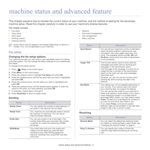 Page 89Machine status and advanced feature_ 1
1.machine status and advanced feature
This chapter explains how to browse the current status of your machine, and the method of  setting for the advanced 
machine setup. Read this chapter carefully in order to use your machines diverse features.
This chapter includes:
• Fax setup
• Copy setup
• Scan setup
• Printing a report
• Clearing memory •
Network
• Document management
• Job management
• Menu overview
  
 Some menus may not appear in the display depending on...