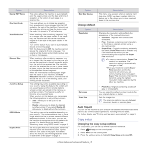 Page 90Machine status and advanced feature_ 2
Change default
OptionDescription
Resolution Changing the resolution setting affects the 
a

ppearance of the received document.
• St
andard:  Originals with normal sized 
characters.
• Fi
ne:  Originals containing small characters 
or 
thin lines or originals printed using a 
dot-matrix printer.
• Su
per Fine:  Originals containing extremely 
fi
ne detail.  Super Fine  mode is enabled only 
if the machine with which you are 
communicating also supports the  Super...