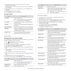 Page 91Machine status and advanced feature_ 3
4.Press the up/down arrow until the copy setup item you want is 
highlighted and press  OK.
5. Pre
ss the up/down arrow until the setup option you want is highlighted 
and press  OK.
6. Pre
ss the up/down arrow until the setting you want is highlighted and 
press  OK.
7. Repe
at steps 4 through 6, as needed.
8.Pr
ess  Stop/Clear to return to ready mode.
Change default
OptionDescription
Scan Size Sets the image size.
 The scan size options may vary between 
document...