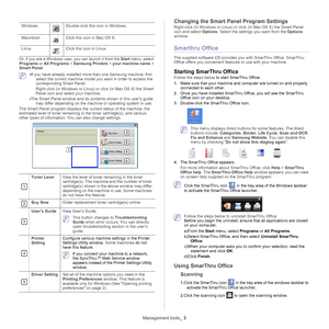 Page 98WindowsDouble-click this icon in Windows.
Macintosh
Click this icon in Mac OS X.
Linux
Click this icon in Linux.
Management tools _ 3
Or, if you are a Windows user, you can launch it from the  Start menu, select 
Programs  or All Programs  > Samsung Printers  > your machine name  > 
Smart Panel .
 •If you have already installed more  than one Samsung machine, first 
select the correct machine model yo u want in order to access the 
corresponding Smart Panel.
Right-click (in Windows or Linux) or click (in...