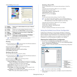 Page 99Management tools_ 4
3.Scan Setting window opens.
 
1Select 
ScannerAllows you to select between the Local or Network 
sca
nner. 
 
2Select 
Profile Allows you to save sett
i ngs frequently used for 
future use. Click  New Profile to save the setting. 
 
3Scan 
Settings Allows you to customize settings for 
Scan  Size 
and  Paper Source .
 
4Scan ToAllows you to customize settings for  F ile Name 
and location to send scanned data.
 Click  Advanced  button to set more scan options.
4. Set scan settings...