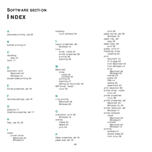 Page 185
48
SOFTWARE SECTION 
INDEX
A
advanced printing, use 20
B
booklet printing 21
C
cancelingscan
 31
Color 17
D
document, printMacintosh
 44
Windows 14
double-sided printing 22
E
Extras properties, set 18
F
favorites settings, use 19
G
Graphics 17
Graphics properties, set 17
H
help, use 19, 25
I
installprinter driverMacintosh
 42
Windows 5
installing Linux software
 34
L
Layout properties, setWindows
 15
Linuxdriver, install
 34
printer properties 38
printing 38
scanning 39
M
Macintoshdriver
install...