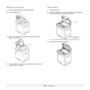 Page 12114.2   
Misfeed of exiting paper
1 Remove the remaining documents from the DADF.
2 Ope
n the DADF cover.
3O
pen the document input tray upwards and pull the document 
gently out of the DADF.
4 Close 
the DADF cover and the document input tray. Then place the 
documents back in the DADF.
Roller misfeed
1Open the scanner lid.
2 Grasp
 the misfed paper, and remove  the paper from the feed area 
by carefully pulling it to the right using both hands.
if you do not see the paper in this area, stop and go to...