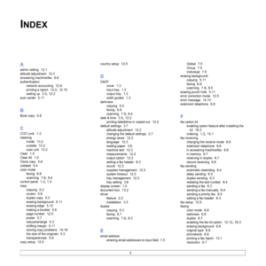 Page 1561  
INDEX
A
admin setting  12.1
altitude adjustment  12.3
answering machine/fax  6.6
authenticationnetwork accounting
  12.8
printing a report  12.2, 12.15
setting up  3.5, 12.2
auto center  5.11
B
Book copy  5.8
C
CCD Lock  1.3
cleaninginside
  13.2
outside  13.2
scan unit  13.2
Clear  1.5
Clear All  1.5
Clone copy  5.8
collated  5.4
color modefaxing
  6.8
scanning  7.9, 9.4
control panel  1.3, 1.5
copy
copying
  5.2
covers  5.9
duplex copy  5.3
erasing background  5.11
erasing edge  5.10
making a...