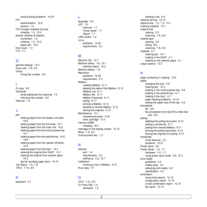 Page 1572  
solving faxing problems  14.20
FDIauthentication
  12.8
dummy  1.4
FDI (Foreign Interface Device)ordering
  1.2, 15.2
finisher (Stacker & Stapler)connection
  1.4
ordering  1.2, 15.2
paper jam  14.9
front cover  1.3
FTP  7.7
G
general settings  12.2
Gray scan  7.9, 9.4
GroupGroup fax number
  6.9
I
ID copy  5.6
Individual
email addresses for scanning
  7.5
individual fax number  6.8
Interrupt  1.5
J
jamclearing paper from the duplex unit area
  
14.8
clearing paper from the exit area  14.7
clearing...