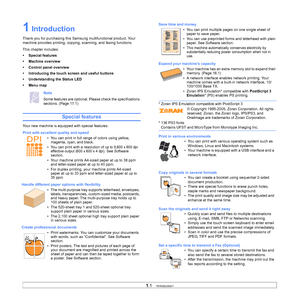 Page 181.1   
1 Introduction
Thank you for purchasing this Samsu ng multifunctional product. Your 
machine provides printing, copying, scanning, and faxing functions.
This chapter includes:
• Special features
• Machine overview
• Control panel overview
• Introducing the touch screen and useful buttons
• Understanding the Status LED
•Menu map
Note
Some features are optional. Please check the specifications 
sections. (Page 17.1)
Special features
Your new machine is equipped with special features.
Print with...