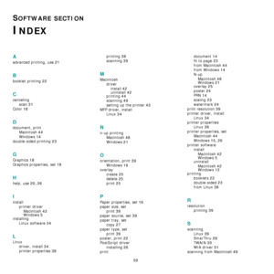 Page 21050
SOFTWARE SECTION 
INDEX
A
advanced printing, use 21
B
booklet printing 22
C
cancelingscan
 31
Color 18
D
document, printMacintosh
 44
Windows 14
double-sided printing 23
G
Graphics 18
Graphics properties, set 18
H
help, use 20, 26
I
installprinter driverMacintosh
 42Windows 5
installing Linux software
 34
L
Linuxdriver, install
 34
printer properties 38
printing 38
scanning 39
M
Macintosh driverinstall
 42
uninstall 42printing 44
scanning 49
setting up the printer 43
MFP driver, install Linux
 34
N...