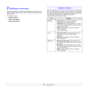 Page 172.1   
2 Software overview
This chapter gives you an overview of the software that comes with your 
machine. Further details on how to use the software are explained in the 
Software section.
This chapter includes:
• Supplied software
• Printer driver features
• System requirements
Supplied software
After you have set up your machine and connected it to your computer, 
you must install the printer software. If you are a Windows or Macintosh 
OS, install the software from the supplied CD and if you are a...