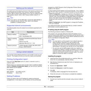 Page 213.2   
Setting up the network
You need to set up the network protocols on the machine (;printer) to use 
it in the network environment. If you use your machine in the wired 
network, refer to Using a wired network. If you use your network printer 
in the wireless network, refer to See Using a wireless network on 
page 3.4.
Supported network environments
The following table shows the network environments supported by the 
machine: 
Using a wired network
You must set up the network protocols on your...