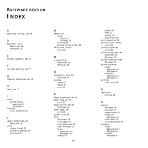 Page 9636
SOFTWARE SECTION 
INDEX
A
advanced printing, use 18
D
document, print
Macintosh
 34
Windows 12
E
Extras properties, set 16
F
favorites settings, use 17
G
Graphics properties, set 15
H
help, use 17
I
install
printer driver
Macintosh
 31Windows 4
installing
Linux software
 25
L
Layout properties, set
Windows
 14
Linux
driver, install
 25
printer properties 29
printing 29
M
Macintosh
driver
install
 31
uninstall 31
printing 34
setting up the printer 32
MFP driver, install
Linux
 25
N
n-up printing...