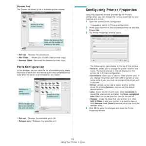 Page 76Using Your Printer in Linux
24
Classes Tab
The Classes tab shows a list of available printer classes.
•Refresh : Renews the classes list.
•
Add Class... : Allows you to add a new printer class.
•
Remove Class : Removes the selected printer class.
Ports Configuration
In this window, you can view the list of available ports, check 
the status of each port and release a port that is stalled in busy 
state when its owner is terminated for any reason.
•Refresh : Renews the available ports list.
•
Release port...