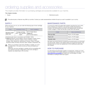 Page 3939 _Ordering supplies and accessories
ordering supplies and accessories
This chapter provides information on purchasing cartridges and accessories available for your machine.
This chapter includes:
• Supply• Maintenance parts
SUPPLY
When the toner runs out, you can order the following type of toner cartridge 
for your machine:
MAINTENANCE PARTS
To avoid print quality and paper feed problems resulting from worn parts, 
and to maintain your machine in top working condition the following 
condition, the...