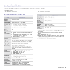 Page 40Specifications_40
specifications
This chapter guides you about this machine’s specifications such as various features.
This chapter include:
• ML-1640 Series specifications • ML-2240 Series Specifications
ML-1640 SERIES SPECIFICATIONS
ITEMDESCRIPTION
Printing 
methodLaser beam printing
Printing speeda Up to 16 ppm (A4), 17 ppm (Letter)
First print out 
time• From ready: Less than 10 seconds
• From coldboot: Less than 30 seconds
Print 
resolutionMax. 1,200 x 600 dpi effective output
Printer 
languageSPL...