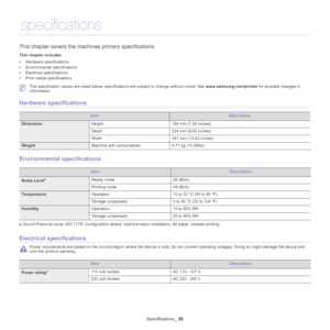 Page 59Specifications_ 59
10.specifications
This chapter covers the mach ines primary specifications.
This chapter includes:
•Hardware specifications
• Environmental specifications
• Electrical specifications
• Print media specifications
  
 The specification values are listed below: specific ations are subject to change without notice: See www.samsung.com/printer for possible changes in 
information.
Hardware specifications
ItemDescription
Dimension Height 184 mm (7.24 inches)
Depth 224 mm (8.82 inches)
Width...