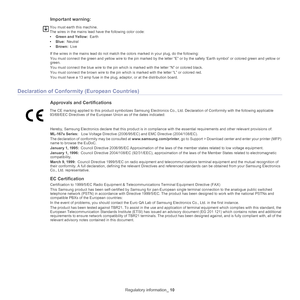 Page 10Regulatory information_ 10
Important warning: 
You must earth this machine.
The wires in the mains lead have the following color code:
•G
reen and Yellow:  Earth
• Blue:  Neutral
• Brow
n:  Live
If the wires in the mains lead do not match the colors marked in your plug, do the following:
You must connect the green and yellow wire to the pin marked by the 
 letter “E” or by the safety ‘Earth symbol’ or colored green and yellow or 
green.
You must connect the blue wire to the pin whic h
  is marked with...