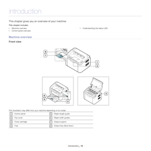 Page 16Introduction_ 16
1.introduction
This chapter gives you an ov erview of your machine:
This chapter includes:
•Machine overview
• Control panel overview •
Understanding the status LED
  
Machine overview
Front view
This illustration may differ from your machine depending on its model. 
1Control panel 
5Paper length guide 
2Top cover 
6Paper width guides 
3Toner cartridge 
7Output support 
4Tray 
8Output tray (face down)
Downloaded From ManualsPrinter.com Manuals 