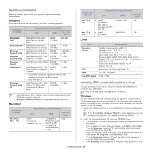 Page 23Getting started_ 23
System requirements
Before you begi n, ensure that your  system meets the following 
requirements:
Windows
Your machine supports the fo llowing Windows operating systems.
OPERATING 
SYSTEMRequirement (recommended)
CPURAMfree HDD 
space
Windows® 
200
 0 Intel® Pentium® II 400 
MHz (Pe
ntium III 933 
MHz) 64 MB 
 
(128 MB) 600 MB
Windows® XP Intel® Pentium® III 933 
MHz (Pe

ntium IV 1 GHz) 128 MB  
(256 MB)1.5 GB
Windows 
Serv
 er® 2003 Intel® Pentium® III 933 
MHz (Pe
ntium IV 1 GHz)...