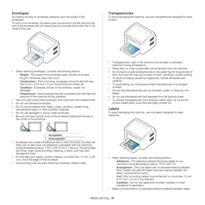 Page 31Media and tray_ 31
Envelopes
Successful printing on envelopes depends upon the quality of the 
envelopes. 
To print on an envelope, the stamp area should be on the left side and the 
e

nd of the envelope with the stamp area  should enter the printer first in the 
center of the tray.
• When selecting envelopes, consider the following factors:
- We
ight:  The weight of the envelope paper should not exceed 
90  g/m2 otherwise, jams may occur.
- Co
nstruction:  Prior to printing, envelopes should lie flat...
