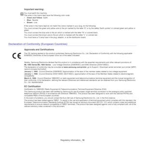 Page 10Regulatory information_ 10
Important warning: 
You must earth this machine.
The wires in the mains lead have the following color code:
•G
reen and Yellow:  Earth
• Blue:  Neutral
• Brow
n:  Live
If the wires in the mains lead do not match the colors marked in your plug, do the following:
You must connect the green and yellow wire to the pin marked by the 
 letter “E” or by the safety ‘Earth symbol’ or colored green and yellow or 
green.
You must connect the blue wire to the pin whic h
  is marked with...
