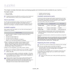 Page 58Supplies_ 58
9.supplies
This chapter provides information  about purchasing supplies and maintenance parts available for your machine.
This chapter includes:
•How to purchase
• Available supplies •
Available maintenance parts
• Replacing the toner cartridge
  
 Available accessories may differ from country to country. Contact your 
sales representatives to obtain th e list of available accessories.
How to purchase
To order Samsung-authorized supplies, accessories and, maintenance 
parts, contact your...
