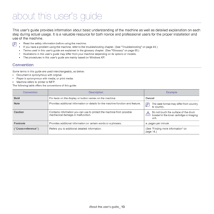 Page 13About this user’s guide_ 13
about this user’s guide
This user’s guide provides information about basic understanding of the machine as  well as detailed explanation on each 
step during actual usage. It is a valuable  resource for both novice and professional  users for the proper installation and 
use of the machine.
 • Read the safety information before using the machine.
• If yo
u have a problem using the machine, re fer to the troubleshooting chapter. (See Troubleshooting on page 49 .)
• Terms used...