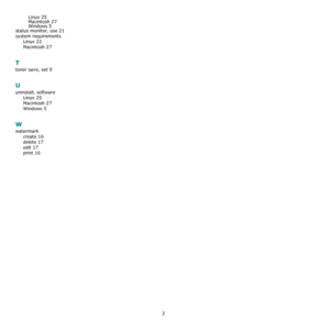 Page 1172
Linux 25
Macintosh 27Windows 5
status monitor, use 21
system requirements
Linux
 22
Macintosh 27
T
toner save, set 9
U
uninstall, software
Linux
 25
Macintosh 27
Windows 5
W
watermark
create
 16
delete 17
edit 17
print 16
Downloaded From ManualsPrinter.com Manuals 