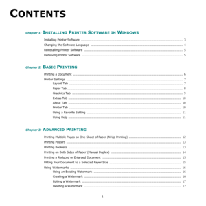 Page 861
CONTENTS
Chapter 1: INSTALLING PRINTER SOFTWARE IN WINDOWS
Installing Printer Software  ........................................................................................................  3
Changing the Software Language  ..............................................................................................  4
Reinstalling Printer Software  .....................................................................................................  5
Removing Printer Software...