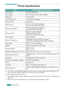 Page 77SPECIFICATIONS6.2
Printer Specifications
ItemSpecifications and Description
Model Name ML-2010 (SP20MPU)
Print Speed 
a
a. Print speed will be affected by Operating system used, computing performance, application soft-
ware, connecting method, media type, media size and job complexity.
Up to 20 ppm in A4 (22 ppm in Letter)
Resolution
1200 x 600 dpi
First Printing Time 10 seconds (from Ready)
Warmup Time 30 seconds
Power Rating AC 110 - 127 V (USA, Canada) / 
220 - 240 V (Others), 50 / 60 Hz
Power...