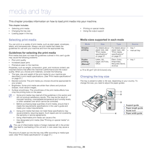 Page 26Media and tray_ 26
4.media and tray
This chapter provides information on how  to load print media into your machine.
This chapter includes:
•Selecting print media
• Changing the tray size
• Loading paper in the tray •
Printing on special media
• Using the output support
  
Selecting print media
You can print on a variety of print me dia, such as plain paper, envelopes, 
labels, and transparencies. Always use print media that meets the 
guidelines for use with your machi ne and from the appropriate tray....