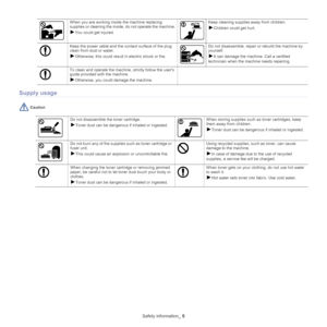 Page 6Safety information_ 6
Supply usage
 Caution
Do not disassemble the toner cartridge.
►Toner dust can be dangerous if inhaled or ingested.
When storing supplies such  as toner cartridges, keep 
them away from children.
►Toner dust can be dangerous if inhaled or ingested.
Do not burn any of the supplies such as toner cartridge or 
fuser unit.
►This could cause an explosion or uncontrollable fire.
Using recycled supplies, su ch as toner, can cause 
damage to the machine.
►In case of damage due  to the use of...