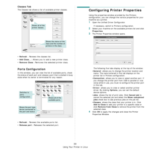 Page 76
Using Your Printer in Linux
30
Classes Tab
The Classes tab shows a list of available printer classes.
•Refresh : Renews the classes list.
•
Add Class... : Allows you to add a new printer class.
•
Remove Class : Removes the selected printer class.
Ports Configuration
In this window, you can view the list of available ports, check 
the status of each port and release a port that is stalled in busy 
state when its owner is terminated for any reason.
•Refresh : Renews the available ports list.
•
Release...