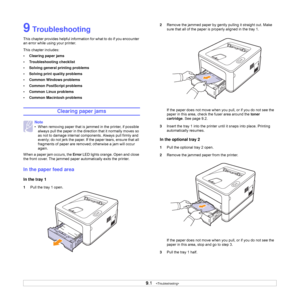 Page 339.1   
9 Troubleshooting
This chapter provides helpful information for what to do if you encounter 
an error while using your printer. 
This chapter includes:
• Clearing paper jams
• Troubleshooting checklist
• Solving general printing problems
• Solving print quality problems
• Common Windows problems
• Common PostScript problems
• Common Linux problems
• Common Macintosh problems
Clearing paper jams
When a paper jam occurs, the Error LED lights orange. Open and close 
the front cover. The jammed paper...