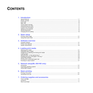 Page 5CONTENTS
1.  Introduction
Special features  ......................................................................................................................................................  1.1
Printer overview  ......................................................................................................................................................  1.2
Front view...