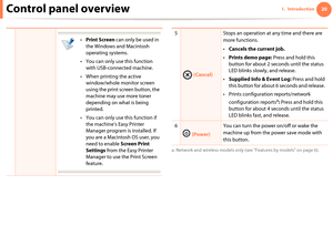 Page 20Control panel overview201. Introduction
 
•Print Screen can only be used in 
the Windows and Macintosh 
operating systems.
• You can only use this function 
with USB-connected machine.
• When printing the active 
window/whole monitor screen 
using the print screen button, the 
machine may use more toner 
depending on what is being 
printed.
• You can only use this function if 
the machine’s Easy Printer 
Manager program is installed. If 
you are a Macintosh OS user, you 
need to enable Screen Print...