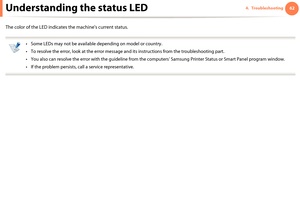 Page 62624. TroubleshootingUnderstanding the status LED
The color of the LED indicates the machine's current status.
 
• Some LEDs may not be available depending on model or country.
• To resolve the error, look at the error message and its instructions from the troubleshooting part. 
• You also can resolve the error with the guideline from the computers’ Samsung Printer Status or Smart Panel program window. 
• If the problem persists, call a service representative.
 
Downloaded From ManualsPrinter.com...