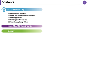 Page 93Contents3
6. Troubleshooting
108Paper feeding problems
109Power and cable connecting problems
110Printing problems
114Printing quality problems
122Operating system problems
Contact SAMSUNG worldwide
Glossary
Downloaded From ManualsPrinter.com Manuals 