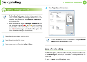 Page 40Basic printing402. Menu overview and basic setup

9 
Opening printing preferences
 
•The Printing Preferences window that appears in this 
user’s guide may differ depending on the machine in use. 
However, the composition of the Printing Preferences 
window is similar.
• When you select an option in Printing Preferences, you 
may see a warning mark   or   . An   mark means you 
can select that certain option but it is not recommended, 
and an   mark means you cannot select that option due 
to the...