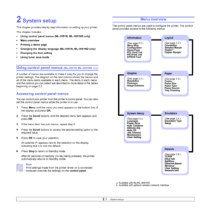 Page 15
2.1   
2 System setup
This chapter provides step by step information on setting up your printer. 
This chapter includes:
• Using control panel menus (ML-3051N, ML-3051ND only)
• Menu overview
• Printing a demo page
• Changing the display language (ML-3051N, ML-3051ND only)
• Changing the font setting
• Using toner save mode
Using control panel menus (ML-3051N , ML-3051ND  only)
A number of menus are available to make it easy for you to change the 
printer settings. The diagram on the next column shows...