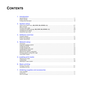 Page 5
CONTENTS
1.  Introduction
Special features  ......................................................................................................................................................  1.1
Printer overview  .............................................................................................................. ........................................  1.2
Finding more information  .........................................................................................................