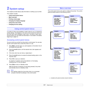 Page 16
2.1   
2 System setup
This chapter provides step by step information on setting up your printer. 
This chapter includes:
• Using control panel menus
• Menu overview
• Printing a demo page
• Changing the display language
• Using toner save mode
• Changing the font setting
Using control panel menus
A number of menus are available to  make it easy for you to change the 
printer settings. The diagram on the next column shows the menus and 
all of the menu items available in each menu. The items in each menu...