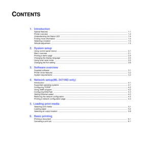 Page 5
CONTENTS
1.  Introduction
Special features  ......................................................................................................................................................  1.1
Printer overview  .............................................................................................................. ........................................  1.2
Understanding the Status LED ..........